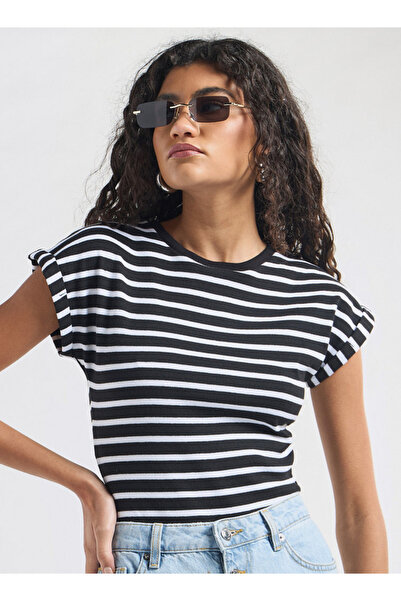 FAV Striped Crew Neck Bodysuit With Extended Sleeves