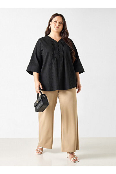 Ulla Popken Plus Size Ulla Popken Textured V-neck Top with 3/4 Sleeves