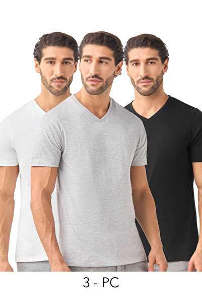FAV مجموعة من 3 قطع - تي شيرت بقصة ضيقة ورقبة على شكل حرف V وأكمام قصيرة