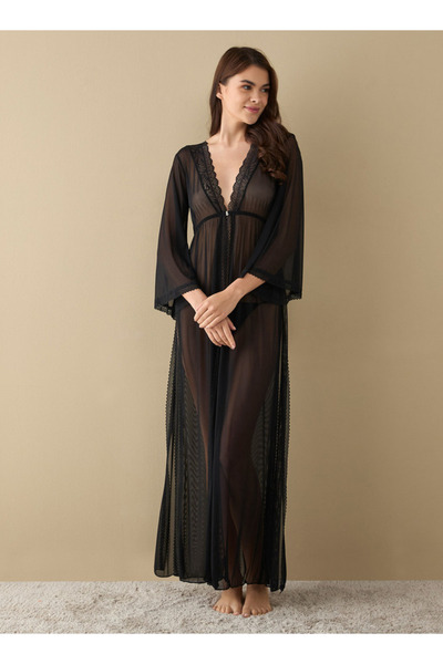 FAV فستان نوم مزخرف برقبة على شكل حرف V وأكمام طويلة