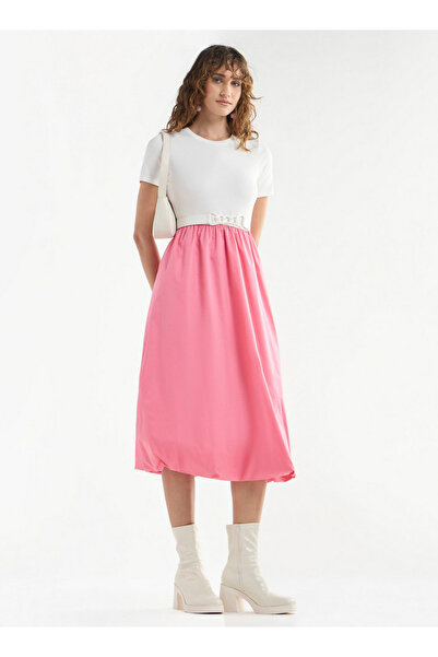 FAV Colourblock A-line Dress with Round Neck and Short Sleeves