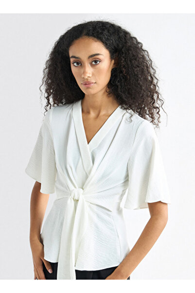 FAV V-neck Top with Flutter Sleeves and Knot Detail