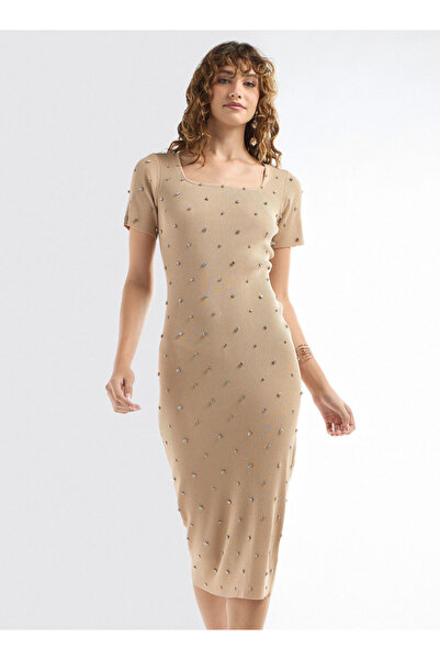 FAV Embellished Square Neck Bodycon Dress With Short Sleeves