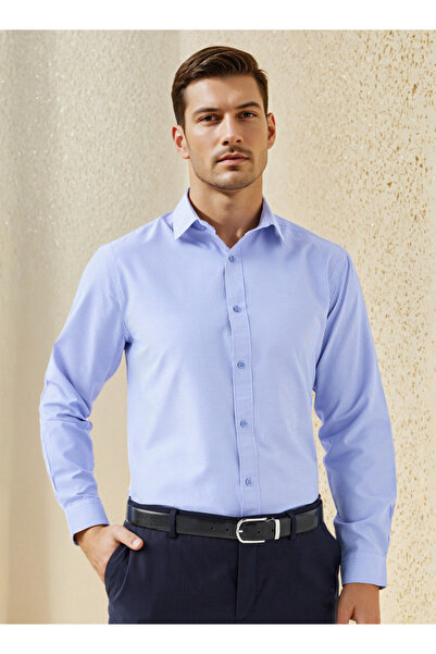 FAV قميص مخطط بياقة وقصّة عادية وأكمام طويلة