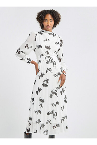 FAV فستان بطبعة زهور على شكل حرف A وأكمام طويلة وحزام