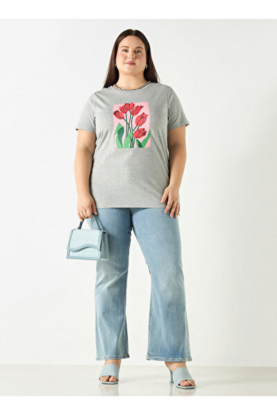 Ulla Popken Plus Size Ulla Popken Floral Print T-shirt with Short Sleeves