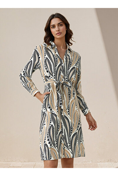 FAV فستان مطبوع بطول الركبة مع حزام على شكل قميص