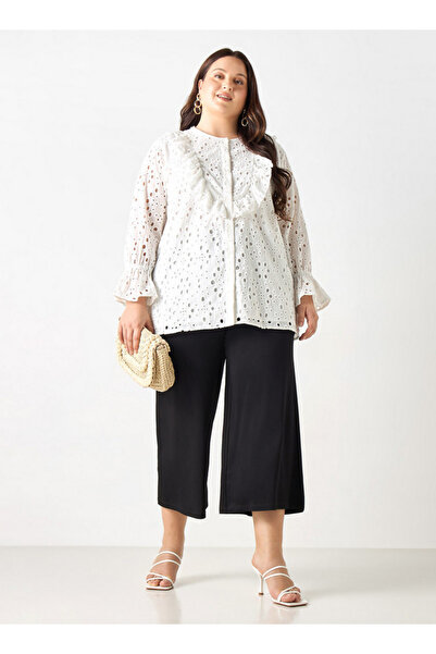 Ulla Popken Plus Size Ulla Popken All-Over Embroidered Top with Ruffles and Bell Sleeves