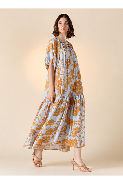 Iconic فستان مطبوع أيقوني على شكل حرف A مع فتحة رقبة وأكمام منفوخة