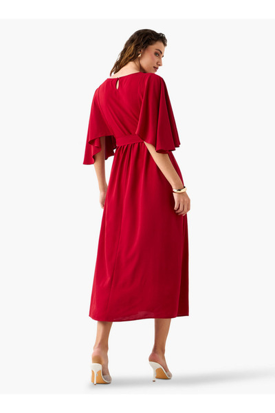 FAV Solid Midi Dress With Flutter Sleeves And Tie-up Belt