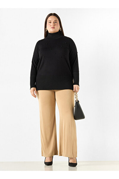 Ulla Popken Plus Size Ulla Popken Pearl Embellished High-Neck Sweater with Side Slit