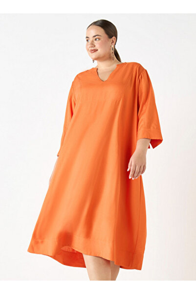 Ulla Popken Plus Size Ulla Popken Dress with Split Neck and 3/4 Sleeves