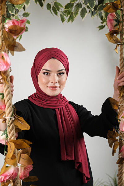 HÜRREM BONE Țesătură din viscoză cu șal roșu Claret legat la spate, trei dung...