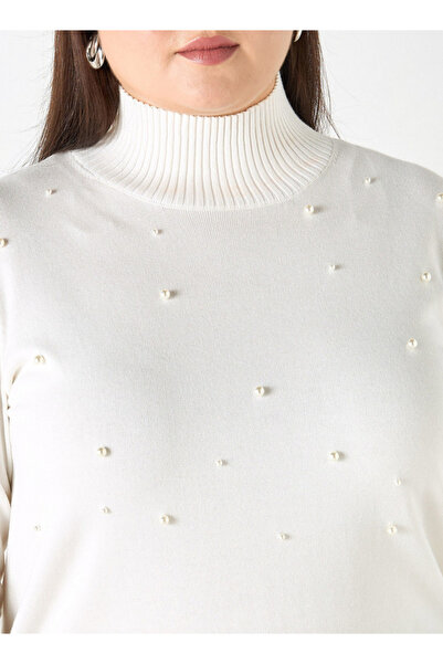 Ulla Popken Plus Size Pearl Embellished High-neck Sweater With Side Slit