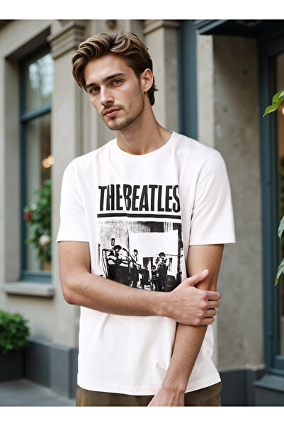 FAV تي شيرت مطبوع عليه شعار البيتلز برقبة دائرية وأكمام قصيرة