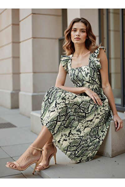 FAV فستان ميدي مطوي بأكمام مكشكشة