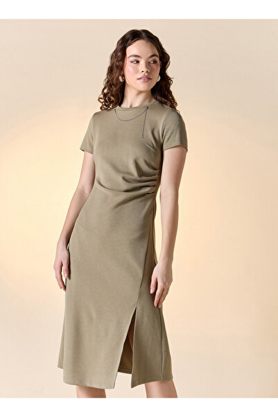 FAV Ruched Detail T-shirt Dress with Slit Detail and Short Sleeves