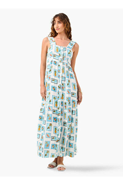 FAV فستان مطبوع بدون أكمام مع رقبة مربعة وتفاصيل كشكشة