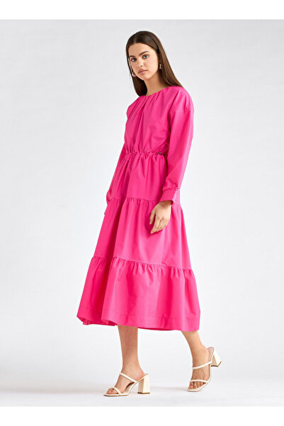 FAV Solid Tiered Long Sleeves Dress with Cord Lock Waist