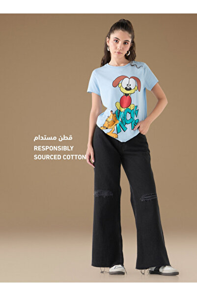 SP Characters Garfield Print Crew Neck T-shirt with Short Sleeves