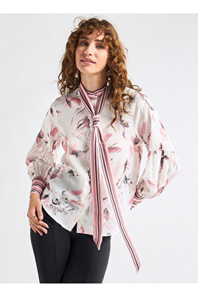 FAV All-Over Floral Print Top with Mandarin Collar and Long Sleeves