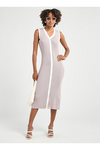 FAV Ribbed Sleeveless Button Down Dress with V-neck