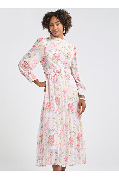 FAV فستان بطبعة زهور على شكل حرف A وأكمام طويلة وحزام