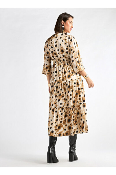 FAV Printed Midi Dress with Lace Detail and 3/4 Sleeves