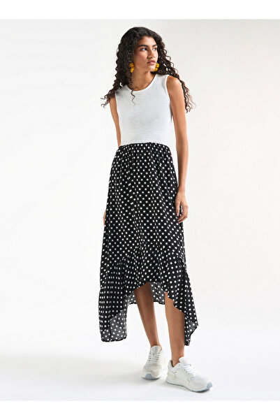 FAV Polka Dot Print Sleeveless Dress with Round Neck and Asymmetrical Hem