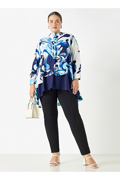 Ulla Popken Plus Size Ulla Popken All-Over Print High Low Top with Long Sleeves