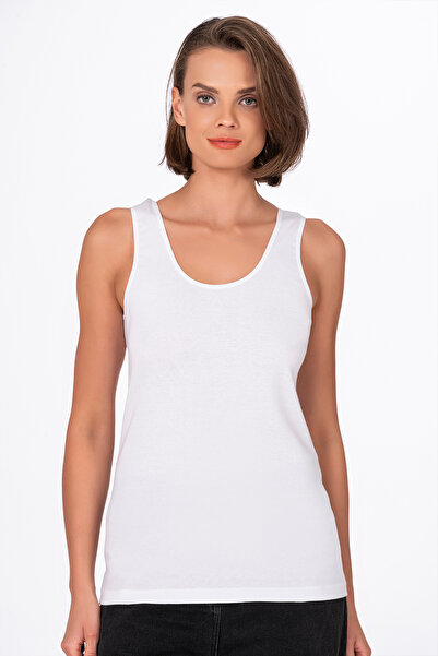 Kompedan Kadın %100 Pamuklu Ribana Esnek Rahat Biyeli Kalın Askılı Örme Atlet | Beyaz K0111