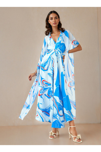 Iconic فستان مطبوع بدون أكمام ورقبة على شكل حرف V