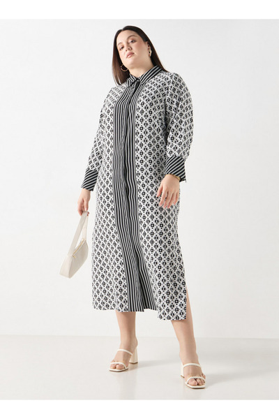 Ulla Popken Plus Size Geometric Print Shirt Dress With Long Sleeves