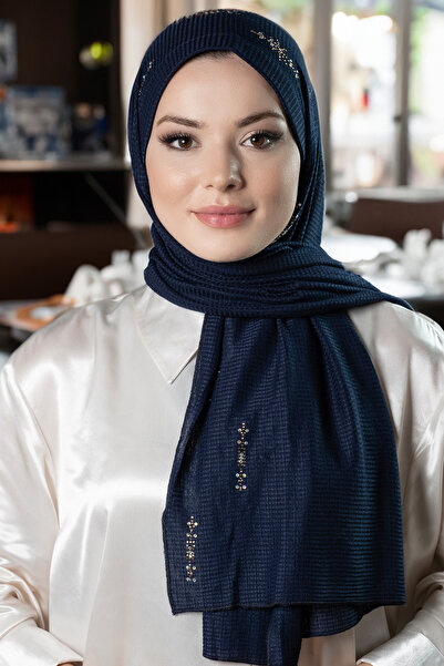 HÜRREM BONE Lacivert Pratik Hazır Geçmeli Tesettür Şal Örme Kumaş Taşlı Çiçek...