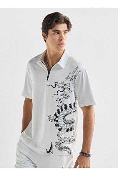 FAV Dragon Print Polo T-shirt With Zip Closure And Short Sleeves