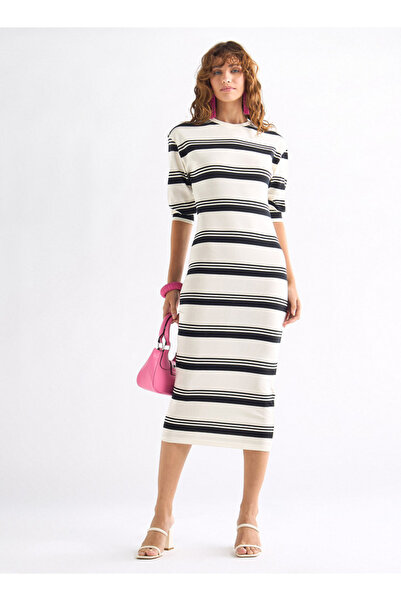 FAV Striped Bodycon Dress with Round Neck and 3/4 Sleeves