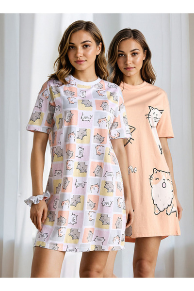 FAV طقم من قطعتين - فستان نوم مطبوع برقبة دائرية وأكمام قصيرة