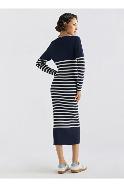 FAV Striped V-neck Dress with Long Sleeves