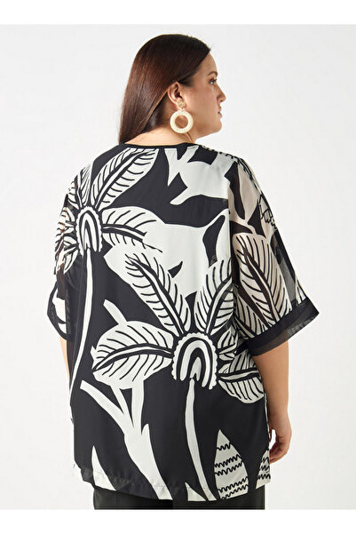 Ulla Popken Plus Size Ulla Popken All-Over Print V-neck Top with Short Sleeves