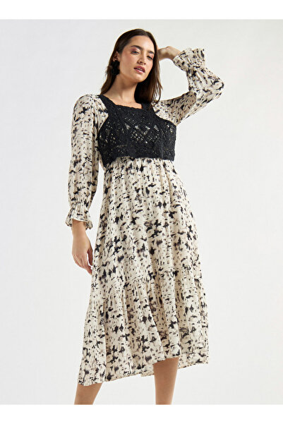 FAV Panelled A-line Dress with Square Neck and Bell Sleeves