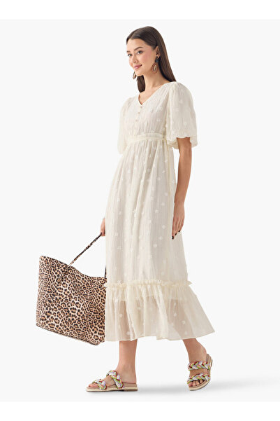 FAV Textured A-Line Midi Dress with V-Neck and Short Sleeves