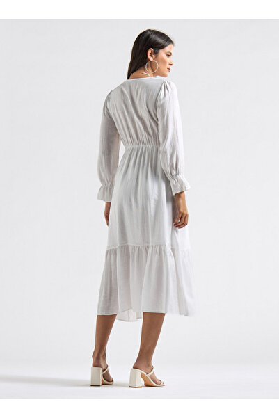FAV Panelled A-line Dress with Square Neck and Bell Sleeves
