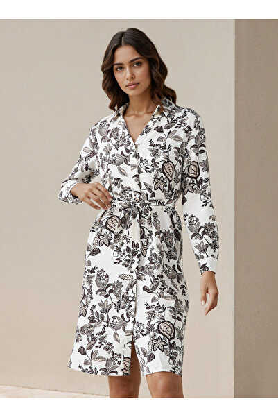 FAV فستان قميص بطول الركبة مع حزام وطبعة زهور