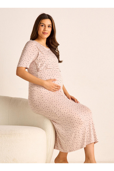 FAV Printed Maternity Night Dress with Round Neck and Short Sleeves