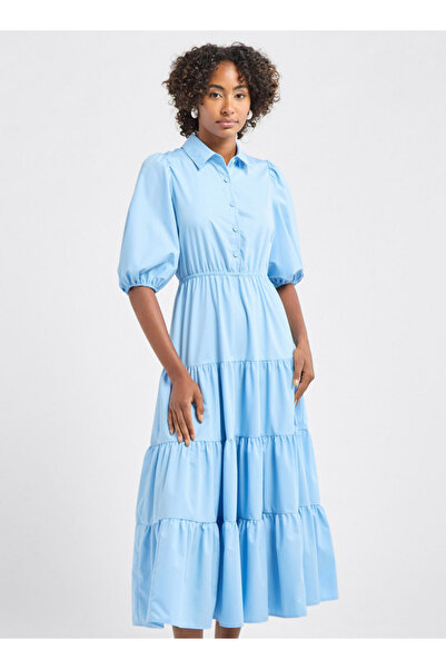 FAV Plain Tiered Shirt Dress with Puff Sleeves