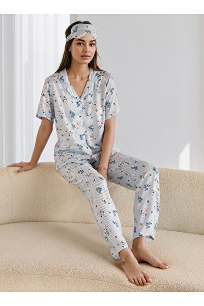 FAV طقم بيجامة بطبعة زهور مع قناع للعين