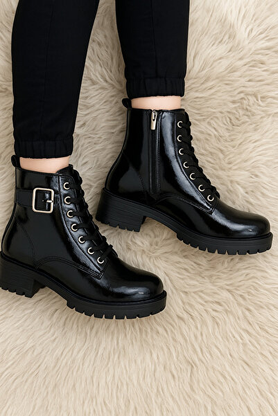 HKM shoes Postal Fermuarlı Bağcıklı Kışlık Siyah Cilt Deri Günlük Kadın Bot Qadın Qara Boots