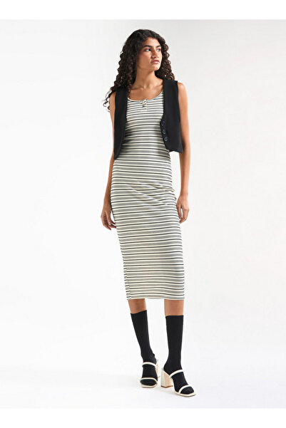FAV Striped Sleeveless Bodycon Dress with Round Neck and Button Detail