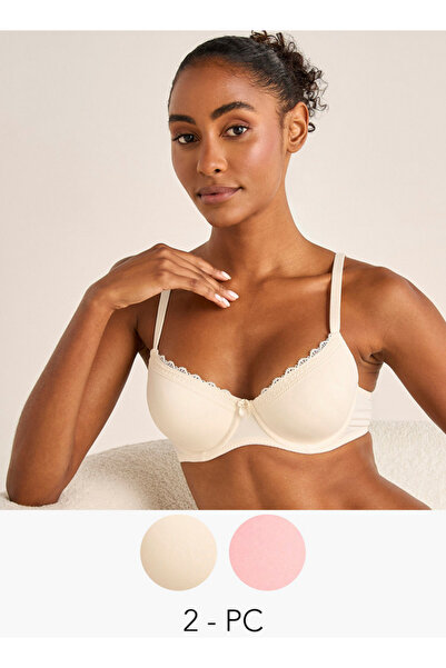 FAV طقم من قطعتين - حمالة صدر نصفية بتفاصيل فيونكة ودانتيل وأشرطة قابلة للتعديل