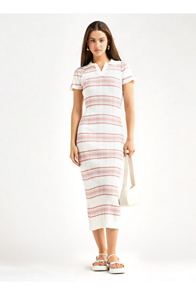 FAV Striped Collared Bodycon Dress with Short Sleeves